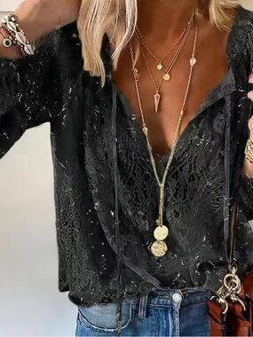 Black Lace V-Neck Long Sleeve Women's Top